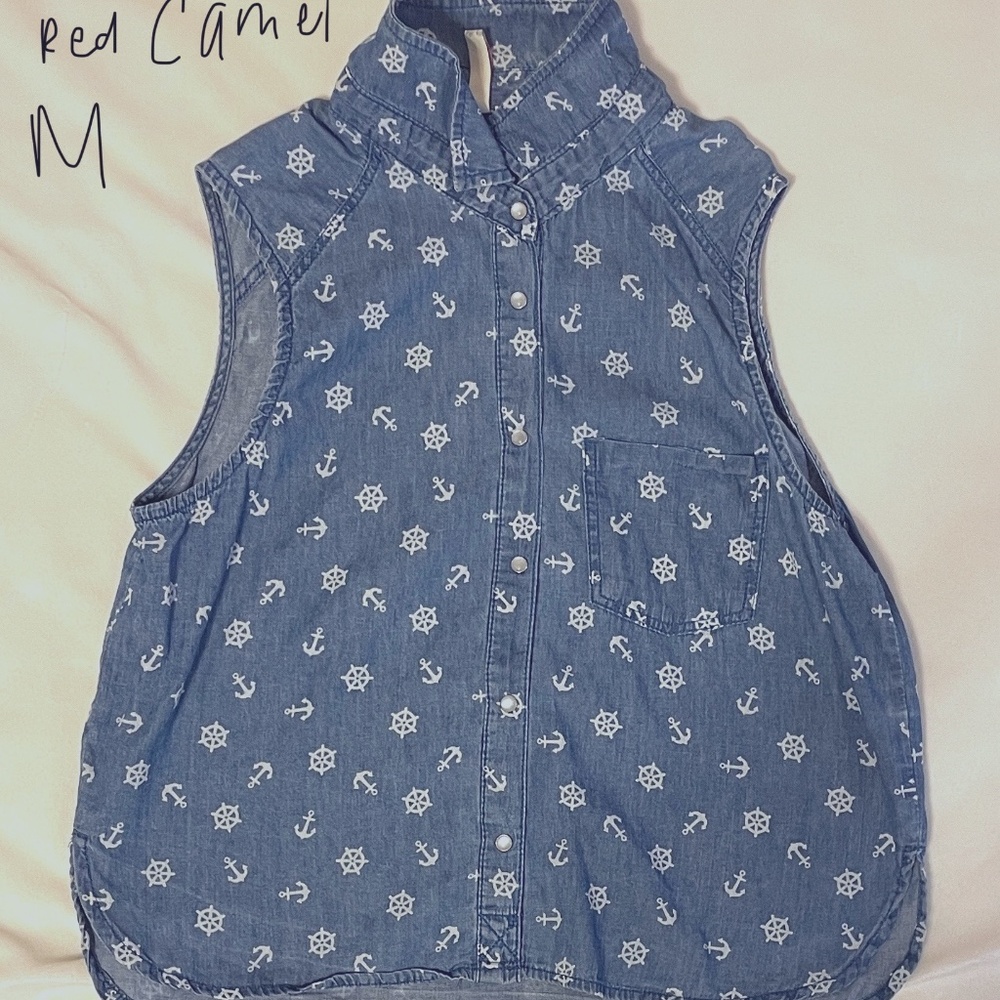 Red Camel Blue Denim Nautical Print Collared Tank Medium